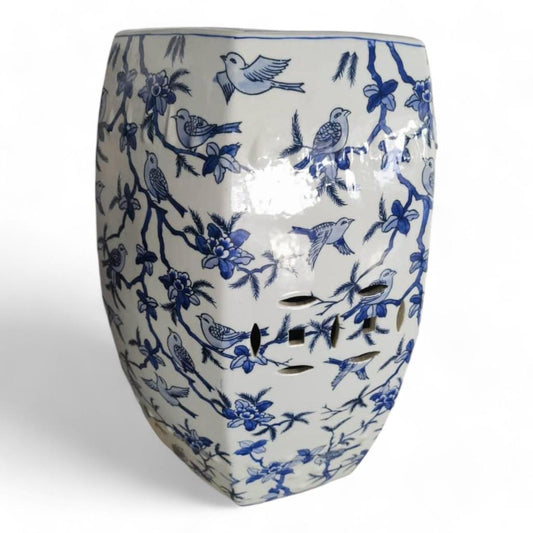 Chinese Hand-Painted Blue and White Flower & Bird Hexagon Ceramic Garden Stool by Trunky Fresh