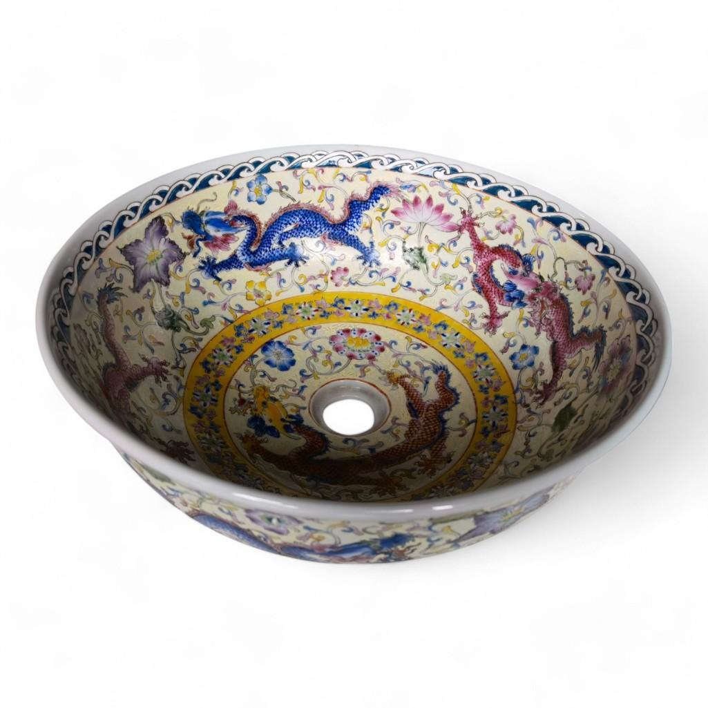 Chinese Hand-Painted Antique Ceramic Wash Basin - Floral & Dragon Motif, European Style, Jingdezhen Porcelain