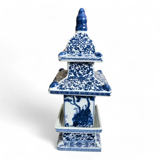 Pair of Chinese Blue and White Floral Chinoiserie Style Pagoda Porcelain Decorative Statue