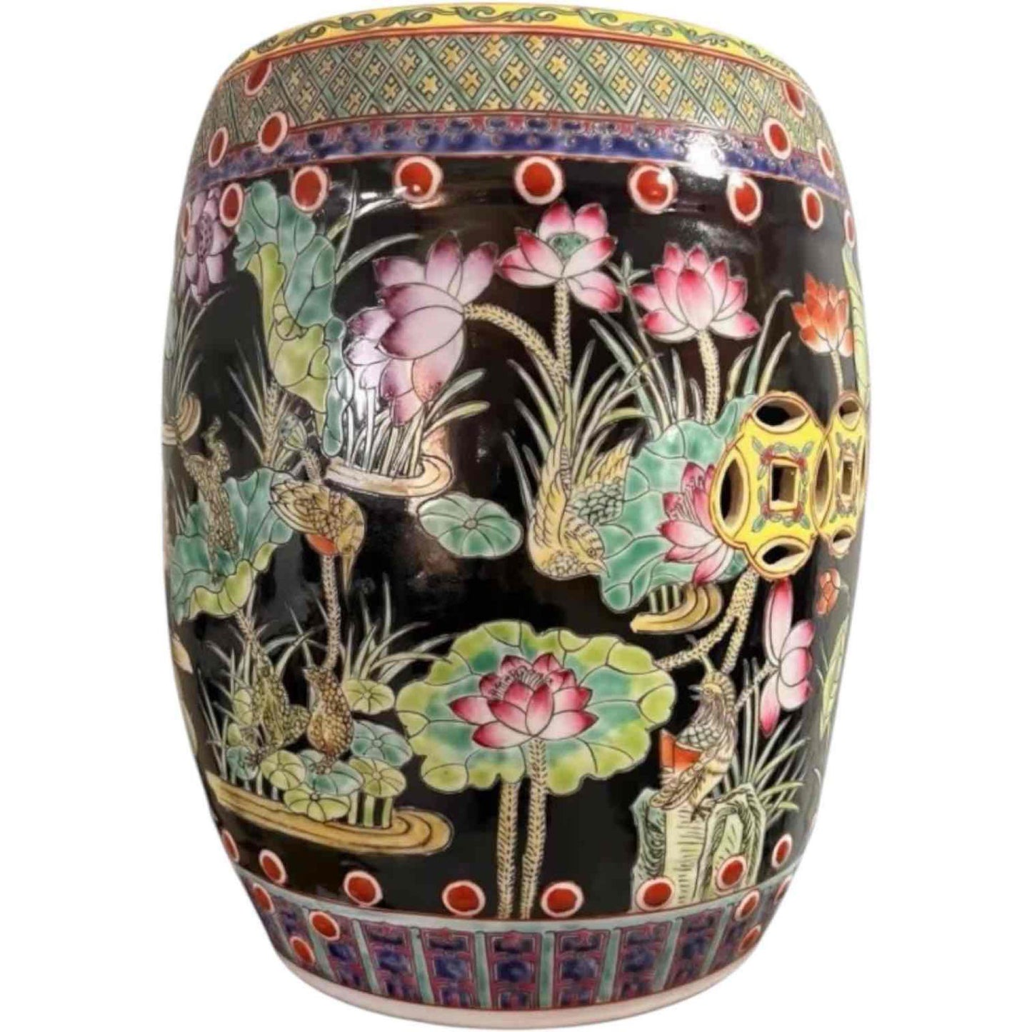 Chinese Hand-Painted Famille Noire with Crane Garden Lotus Scene Garden Stool by Trunky Fresh