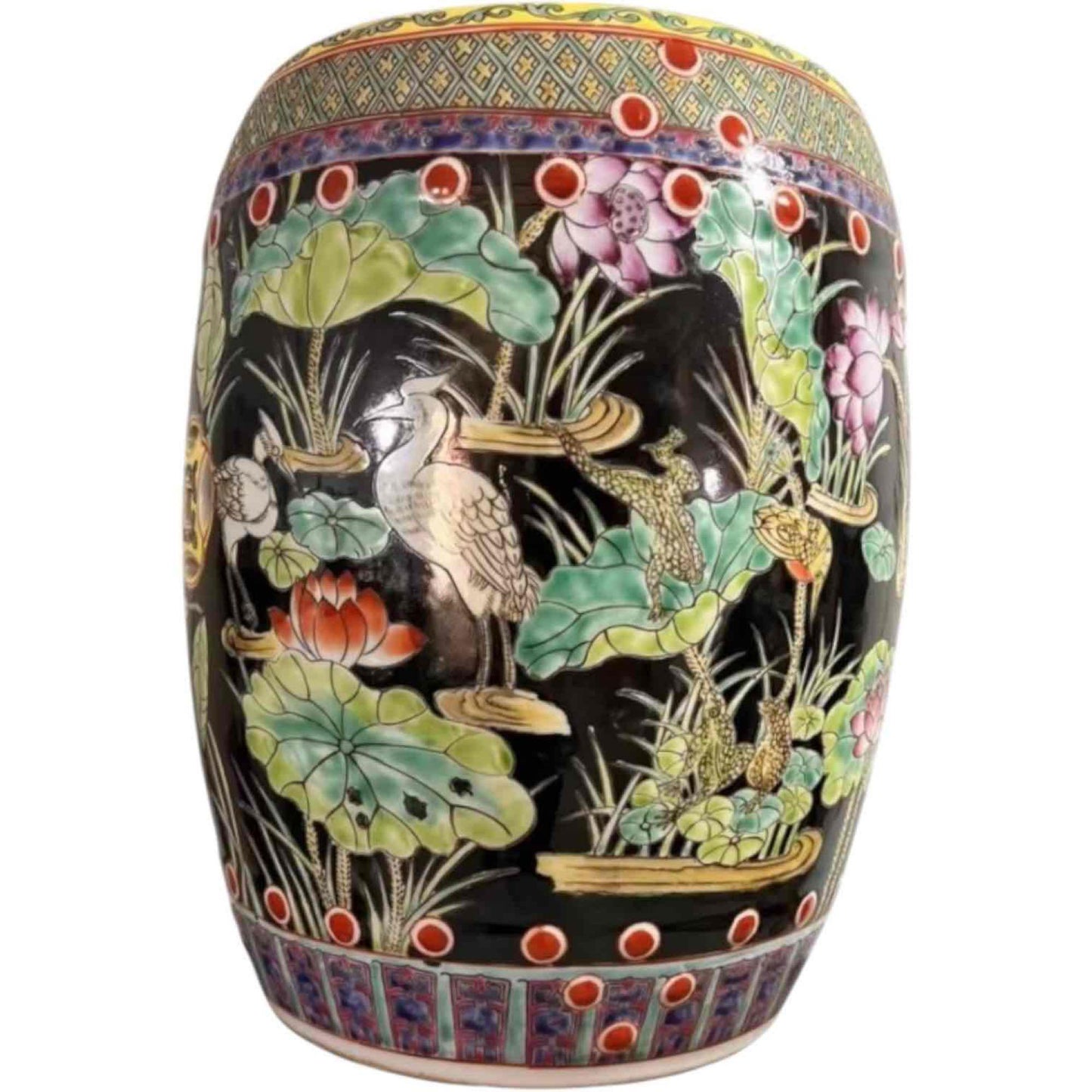 Chinese Hand-Painted Famille Noire with Crane Garden Lotus Scene Garden Stool by Trunky Fresh