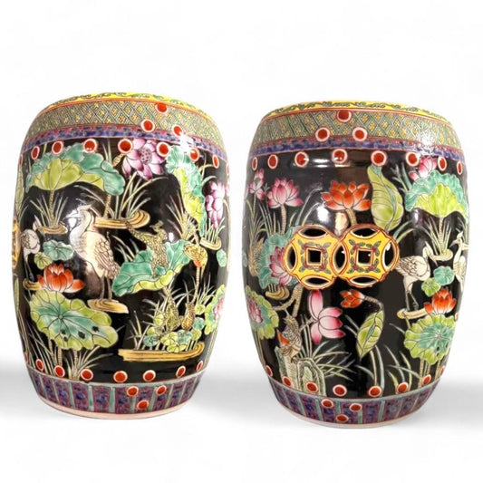 Chinese Hand-Painted Famille Noire with Crane Garden Lotus Scene Garden Stool by Trunky Fresh