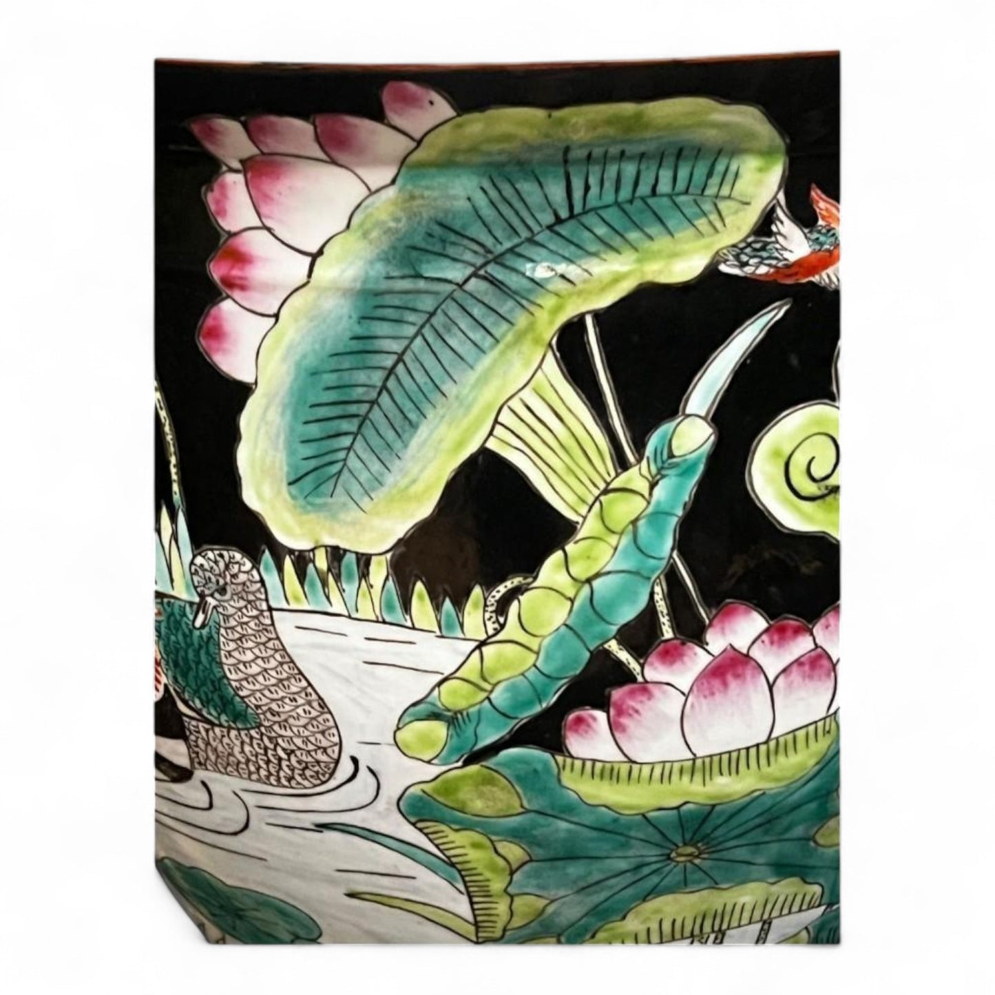 Vintage Hand Painted Black Porcelain Planter, Vase, Fish Bowl